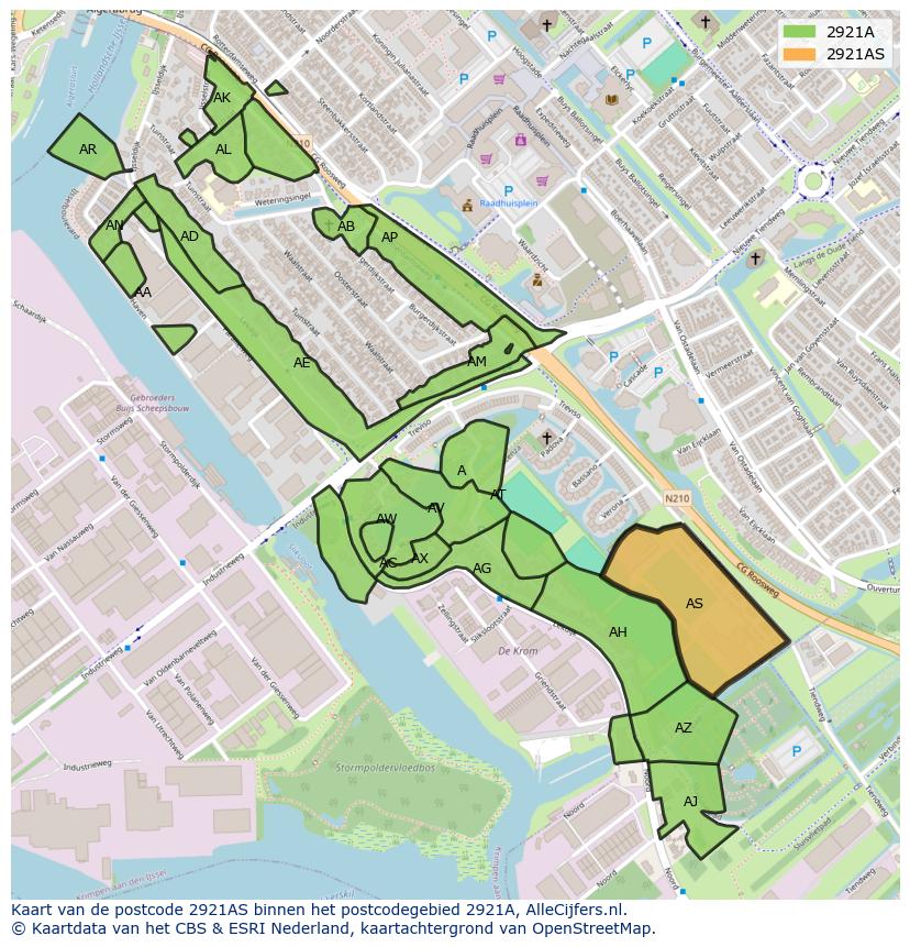 Afbeelding van het postcodegebied 2921 AS op de kaart.