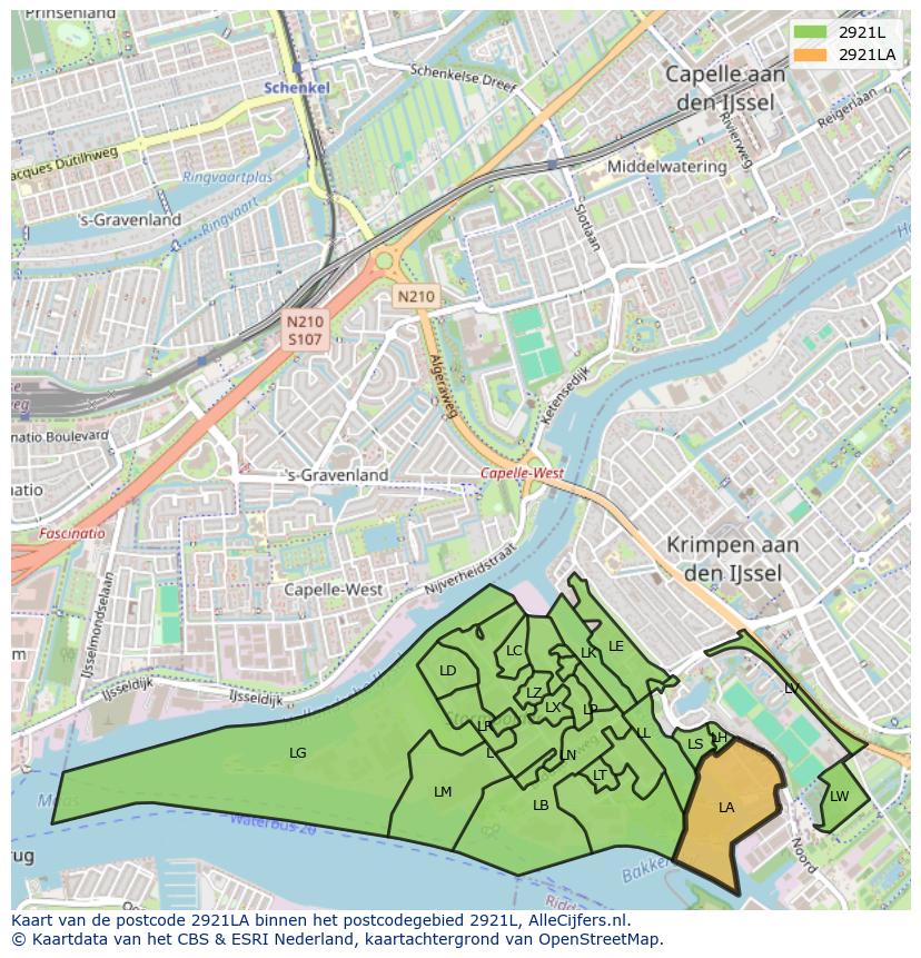 Afbeelding van het postcodegebied 2921 LA op de kaart.