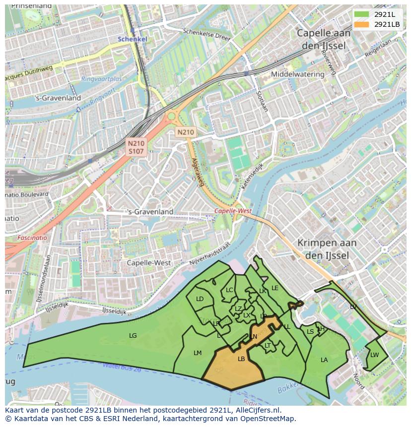 Afbeelding van het postcodegebied 2921 LB op de kaart.