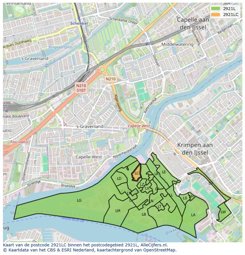 Afbeelding van het postcodegebied 2921 LC op de kaart.