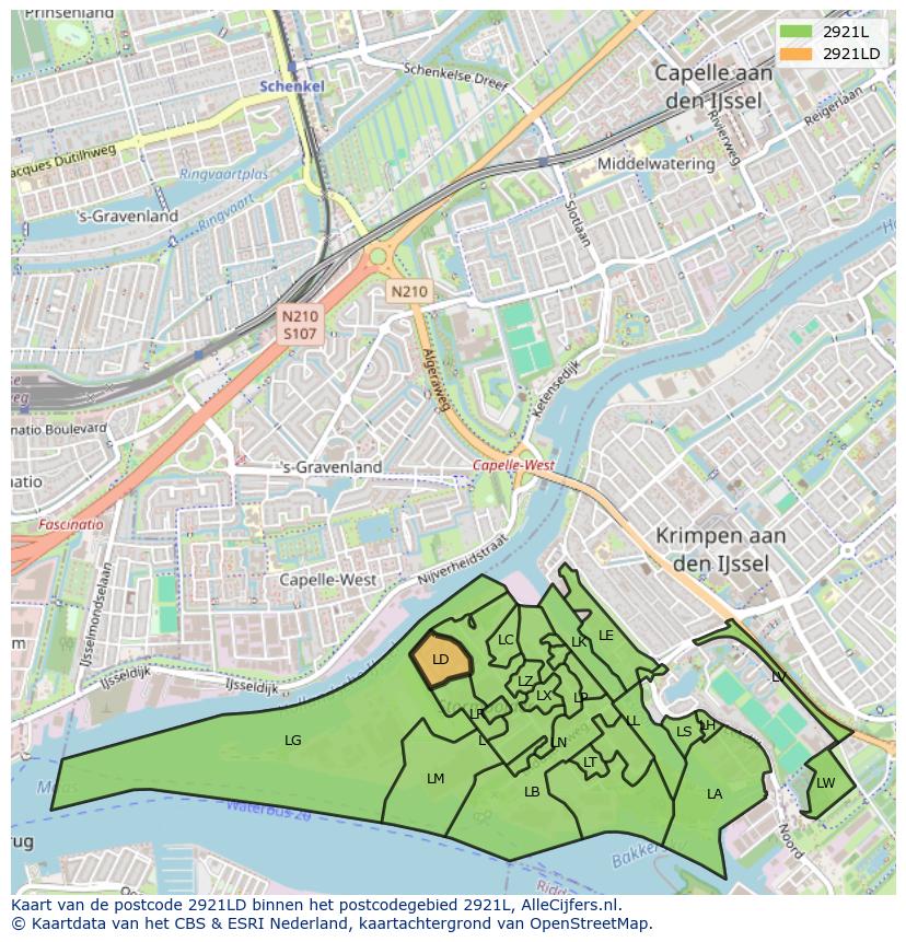 Afbeelding van het postcodegebied 2921 LD op de kaart.