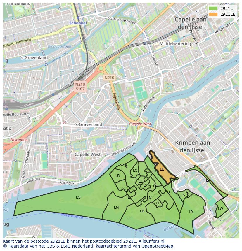 Afbeelding van het postcodegebied 2921 LE op de kaart.
