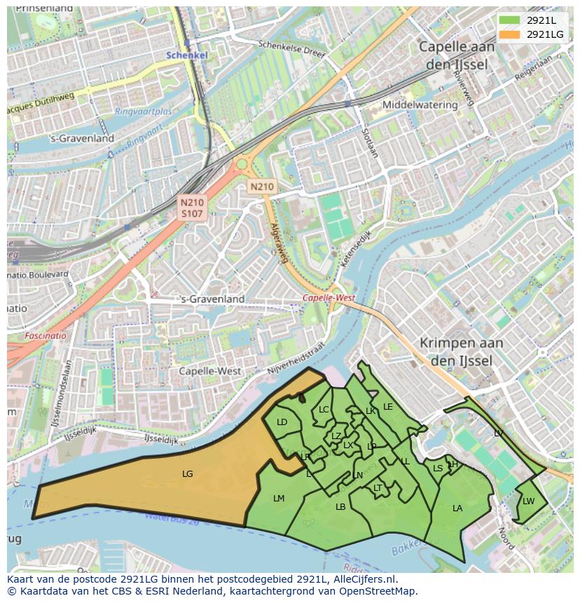 Afbeelding van het postcodegebied 2921 LG op de kaart.