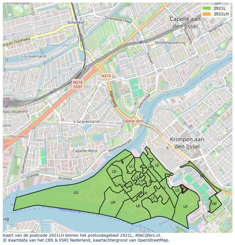 Afbeelding van het postcodegebied 2921 LH op de kaart.