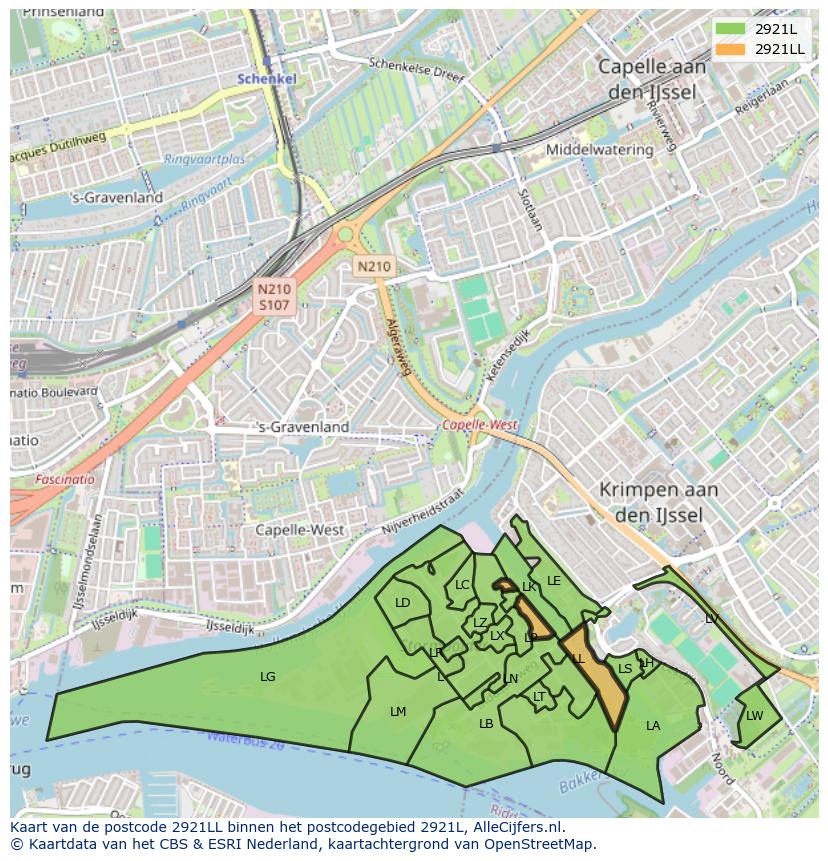 Afbeelding van het postcodegebied 2921 LL op de kaart.