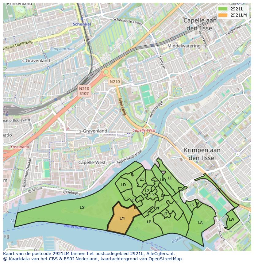 Afbeelding van het postcodegebied 2921 LM op de kaart.