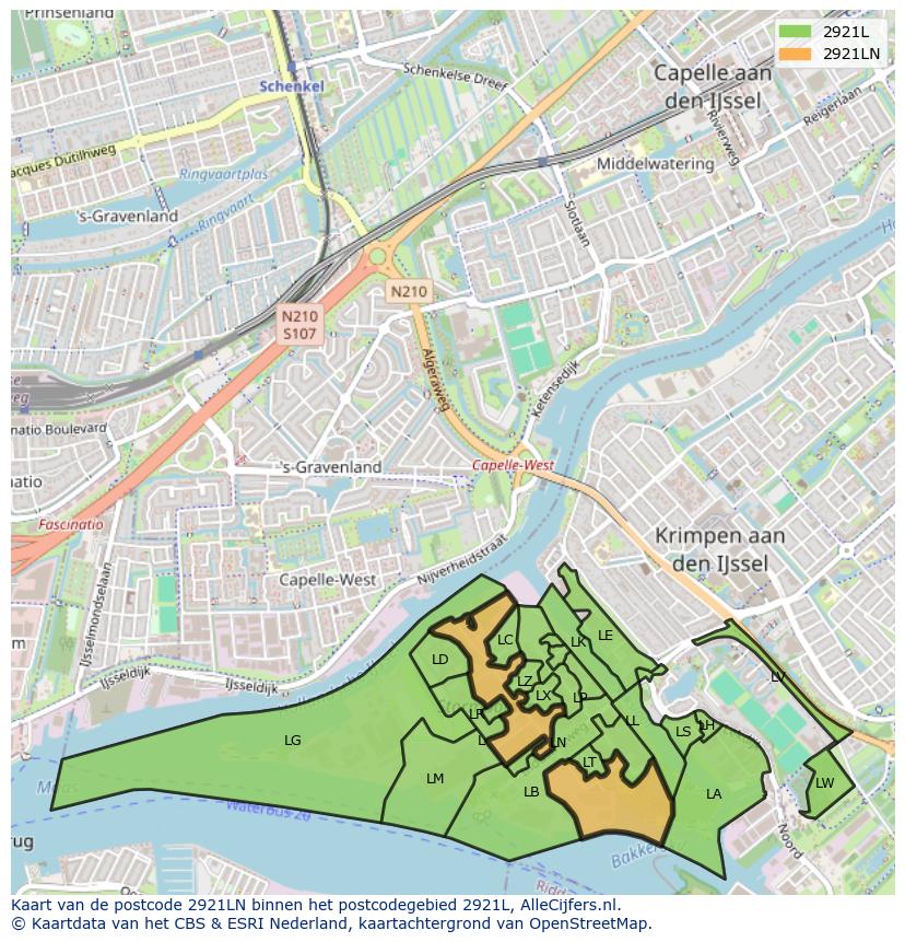 Afbeelding van het postcodegebied 2921 LN op de kaart.