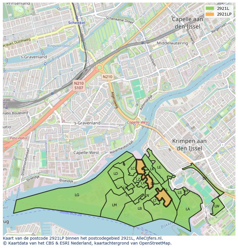 Afbeelding van het postcodegebied 2921 LP op de kaart.