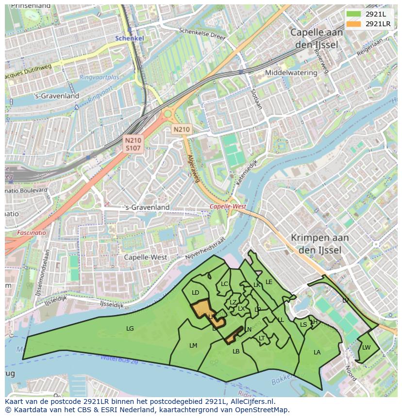 Afbeelding van het postcodegebied 2921 LR op de kaart.