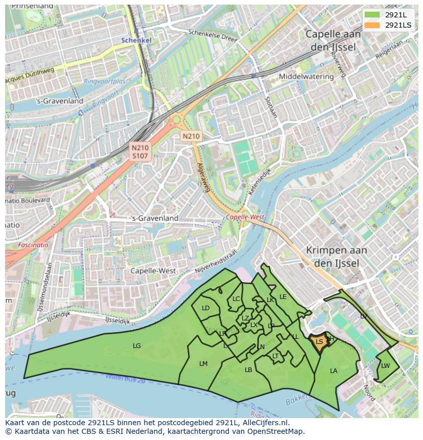 Afbeelding van het postcodegebied 2921 LS op de kaart.