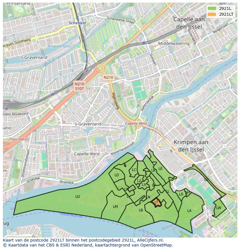 Afbeelding van het postcodegebied 2921 LT op de kaart.