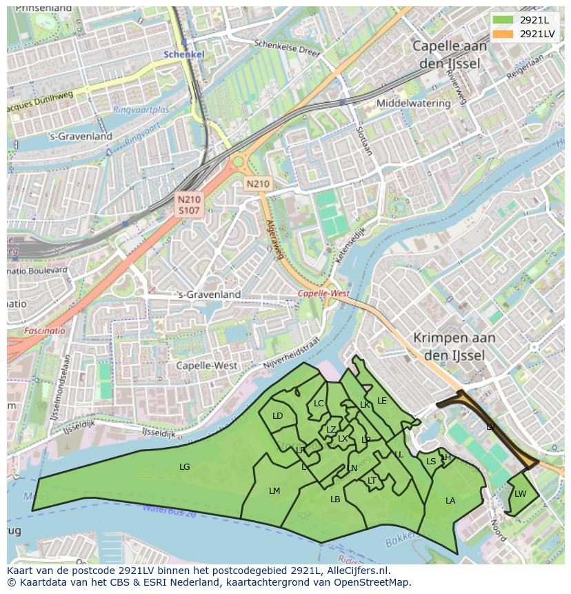 Afbeelding van het postcodegebied 2921 LV op de kaart.