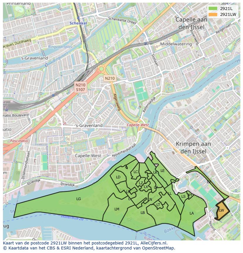 Afbeelding van het postcodegebied 2921 LW op de kaart.