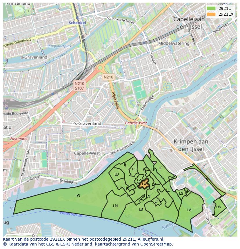 Afbeelding van het postcodegebied 2921 LX op de kaart.