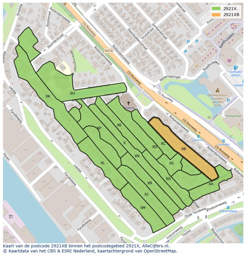 Afbeelding van het postcodegebied 2921 XB op de kaart.