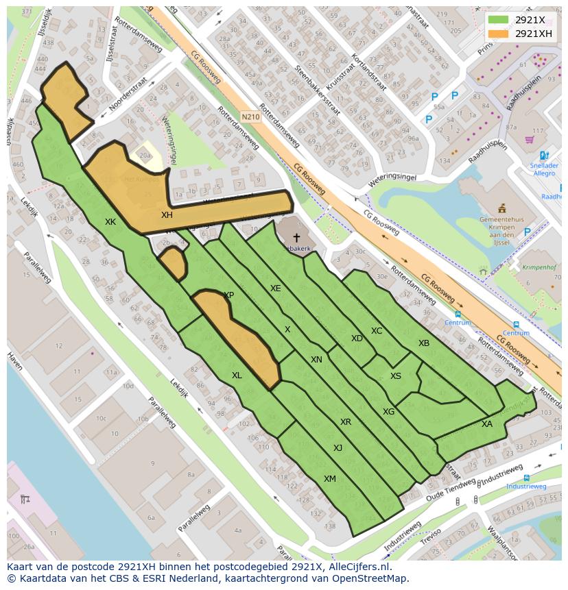 Afbeelding van het postcodegebied 2921 XH op de kaart.