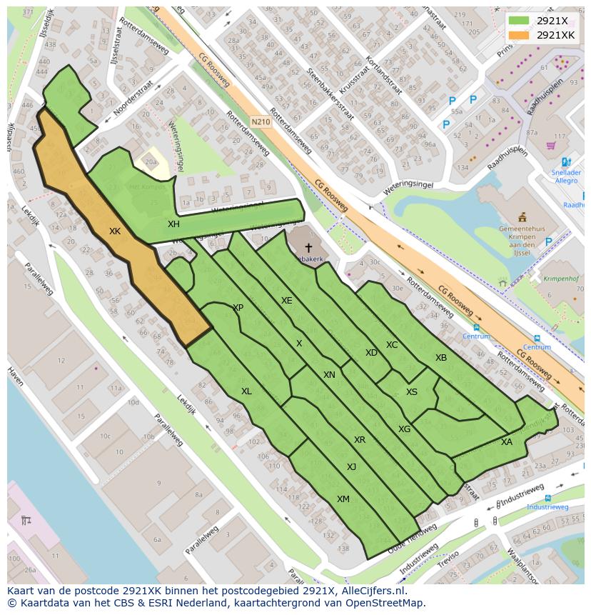Afbeelding van het postcodegebied 2921 XK op de kaart.