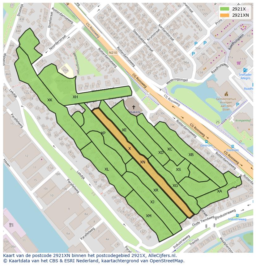 Afbeelding van het postcodegebied 2921 XN op de kaart.