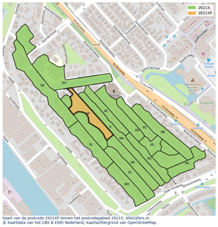 Afbeelding van het postcodegebied 2921 XP op de kaart.