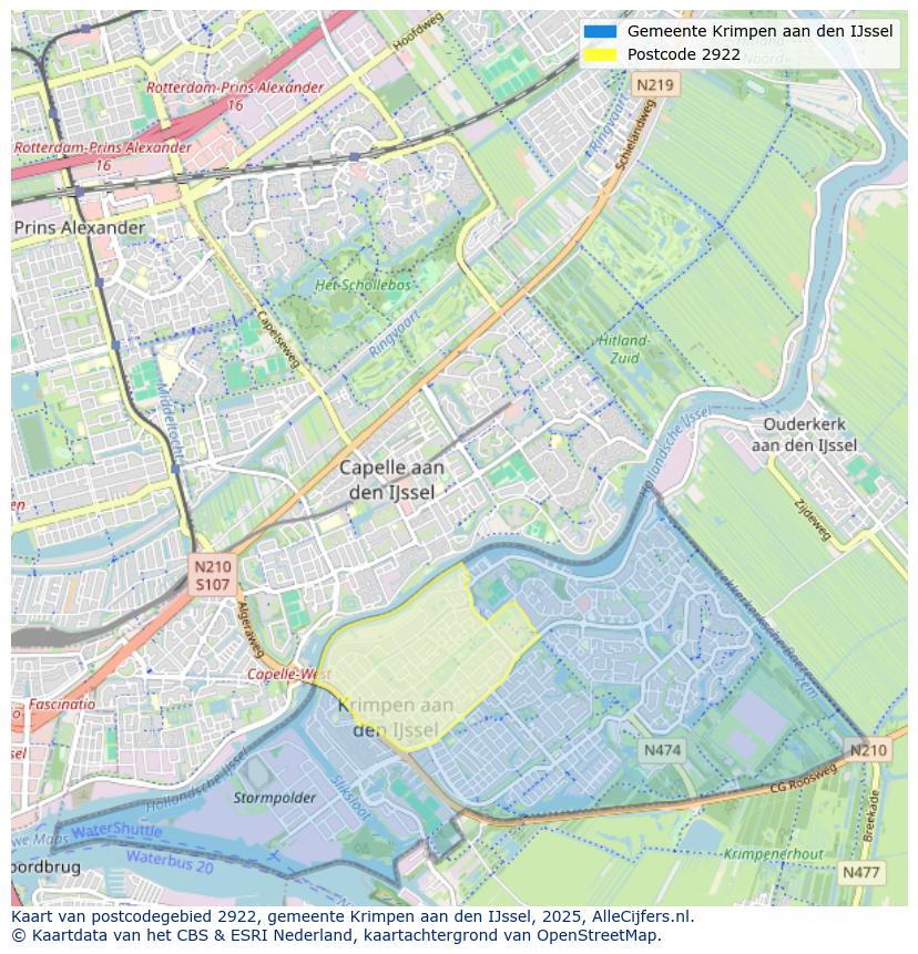 Afbeelding van het postcodegebied 2922 op de kaart.