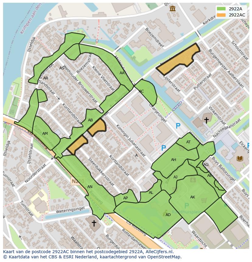 Afbeelding van het postcodegebied 2922 AC op de kaart.