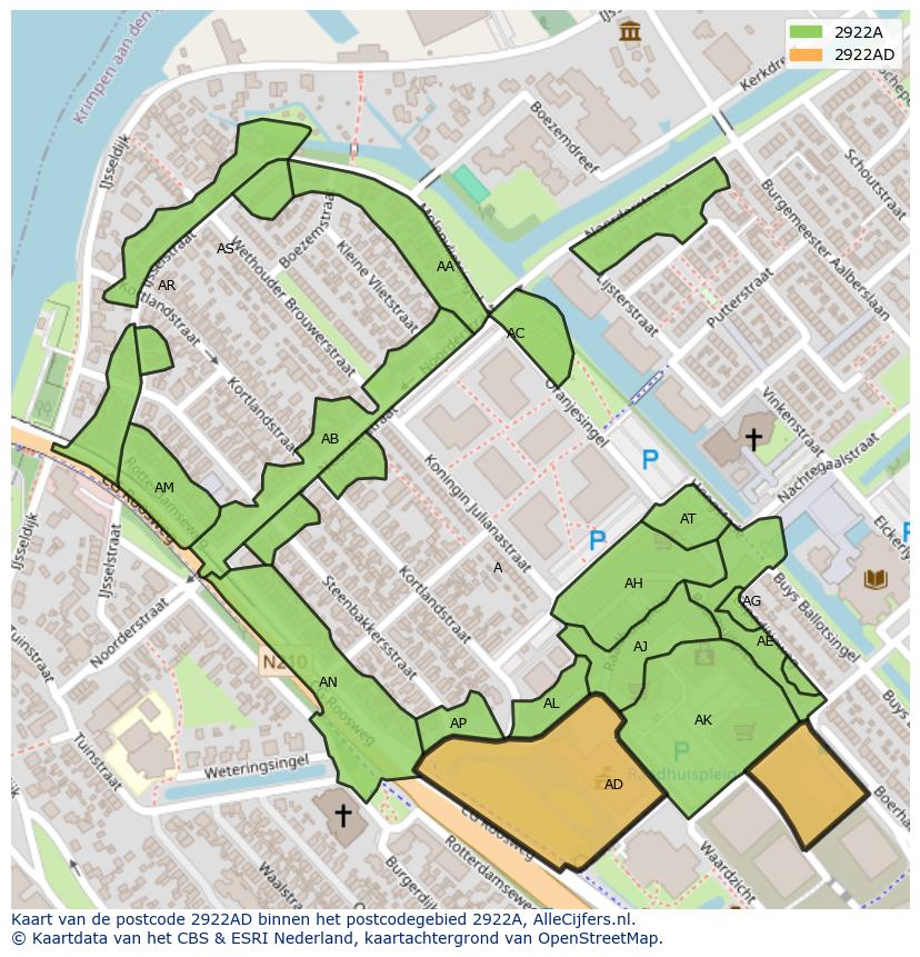 Afbeelding van het postcodegebied 2922 AD op de kaart.