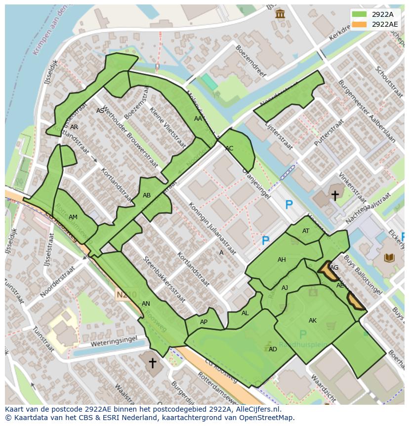 Afbeelding van het postcodegebied 2922 AE op de kaart.