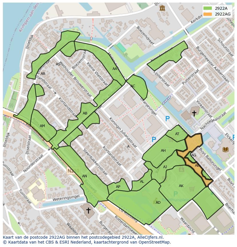 Afbeelding van het postcodegebied 2922 AG op de kaart.