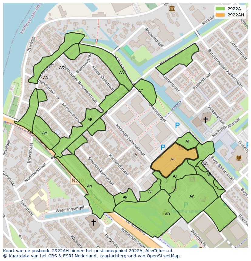Afbeelding van het postcodegebied 2922 AH op de kaart.