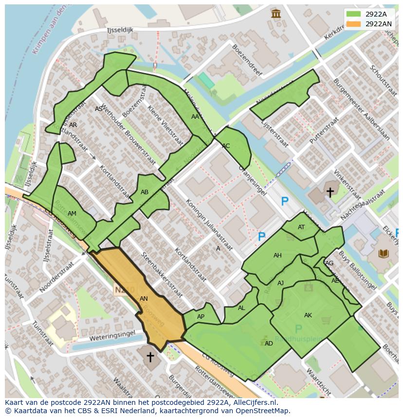 Afbeelding van het postcodegebied 2922 AN op de kaart.