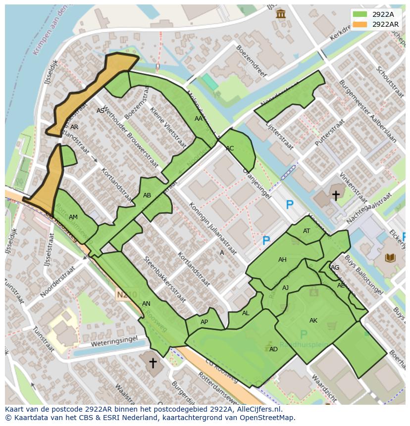 Afbeelding van het postcodegebied 2922 AR op de kaart.