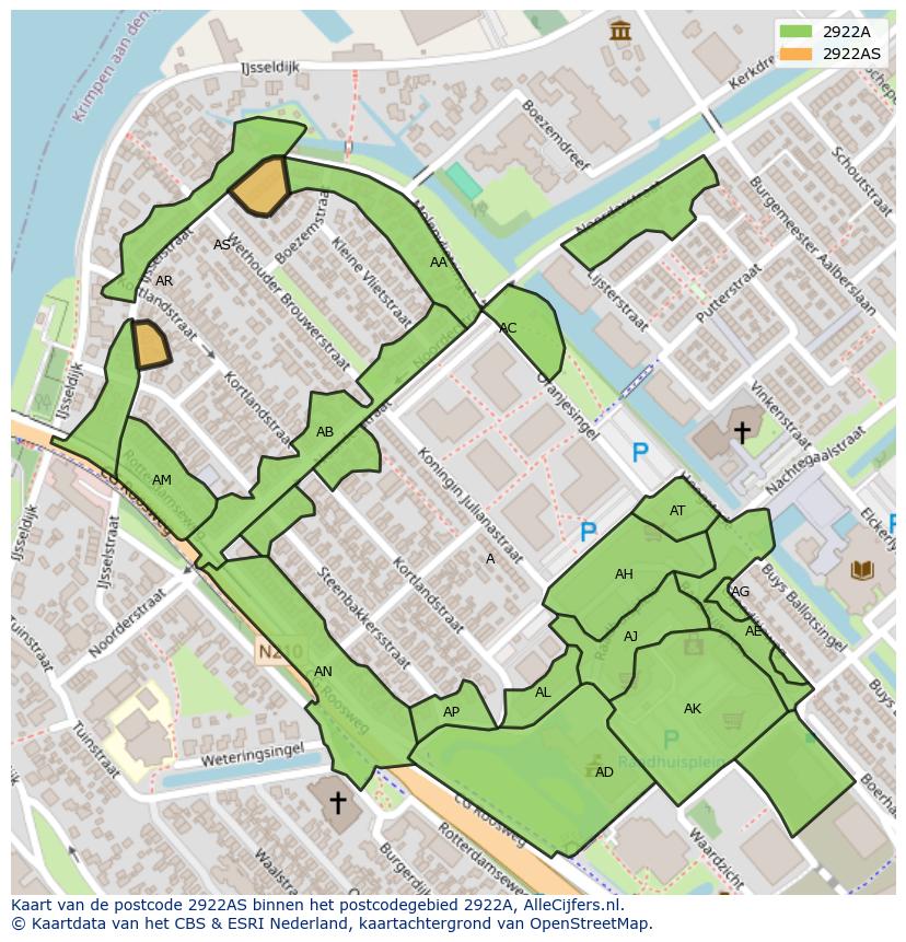 Afbeelding van het postcodegebied 2922 AS op de kaart.