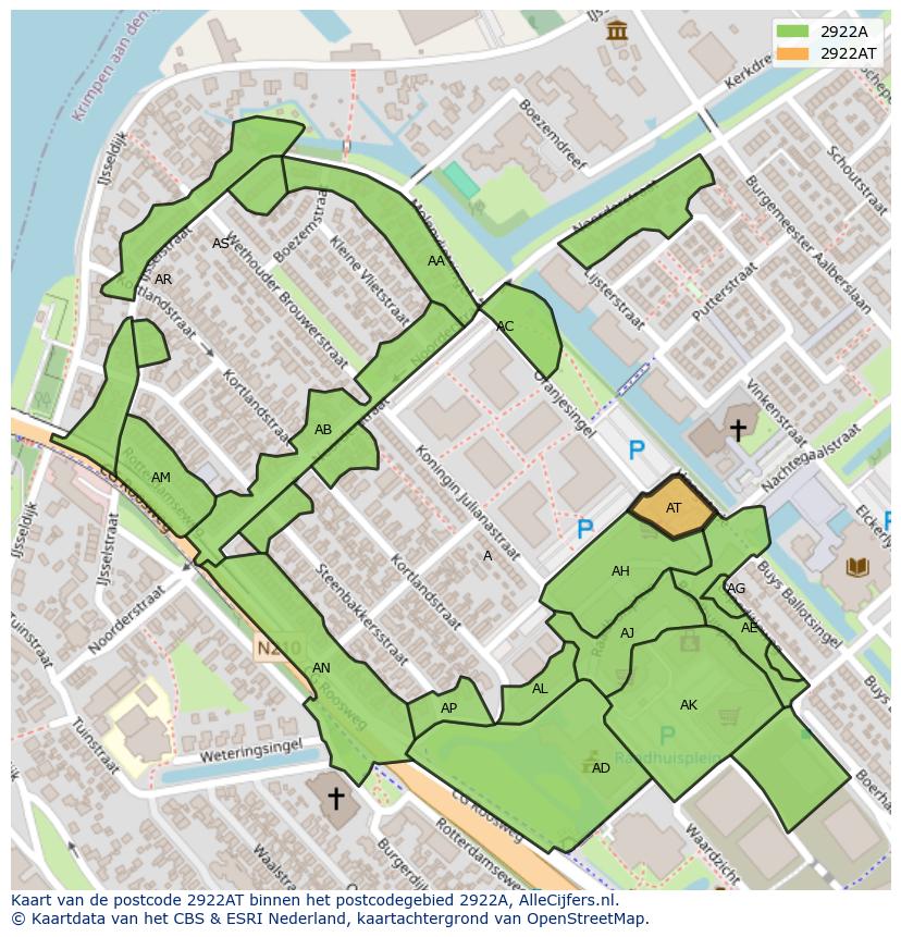 Afbeelding van het postcodegebied 2922 AT op de kaart.