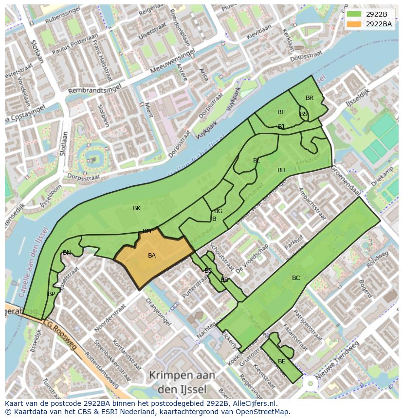 Afbeelding van het postcodegebied 2922 BA op de kaart.