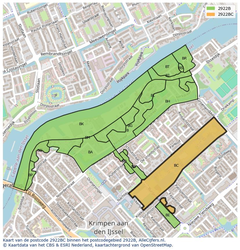 Afbeelding van het postcodegebied 2922 BC op de kaart.