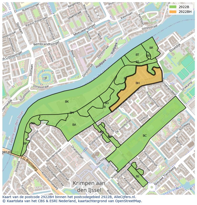 Afbeelding van het postcodegebied 2922 BH op de kaart.