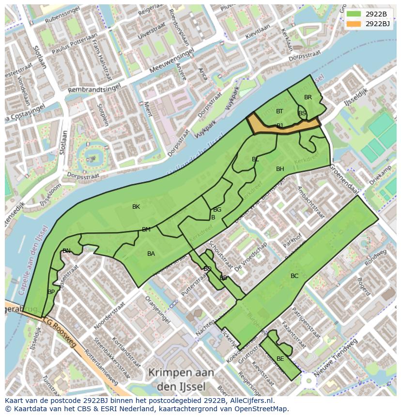 Afbeelding van het postcodegebied 2922 BJ op de kaart.