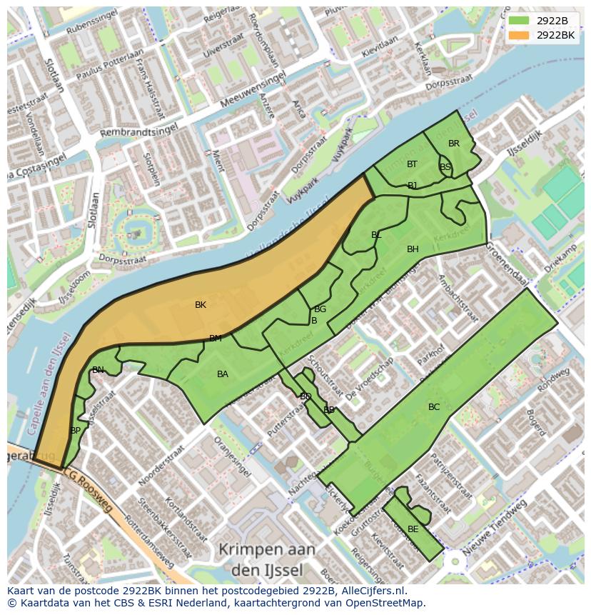 Afbeelding van het postcodegebied 2922 BK op de kaart.