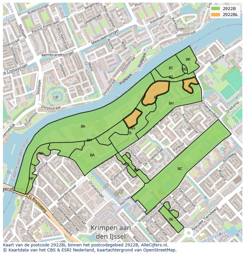 Afbeelding van het postcodegebied 2922 BL op de kaart.