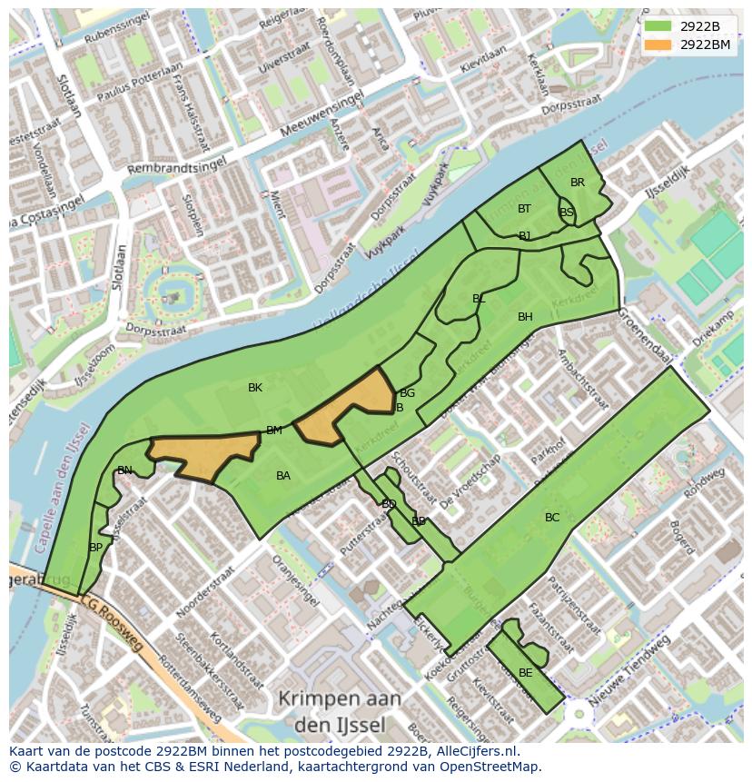 Afbeelding van het postcodegebied 2922 BM op de kaart.