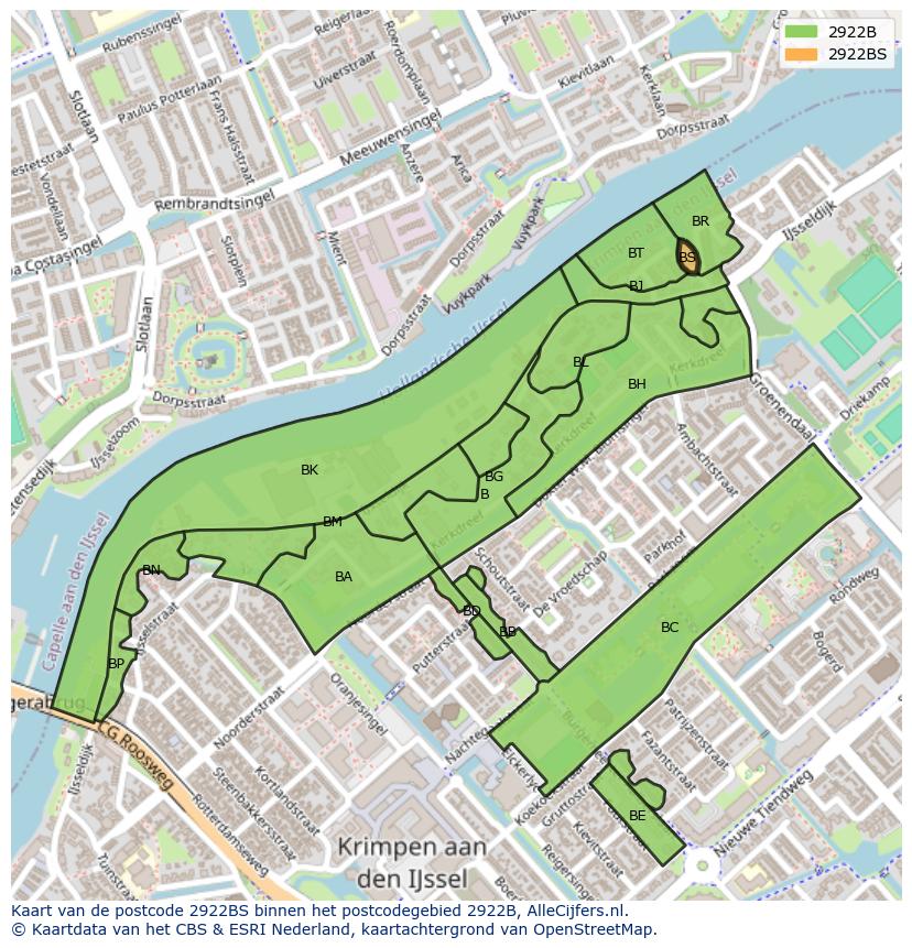 Afbeelding van het postcodegebied 2922 BS op de kaart.