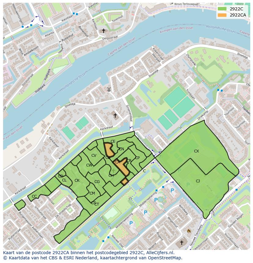 Afbeelding van het postcodegebied 2922 CA op de kaart.