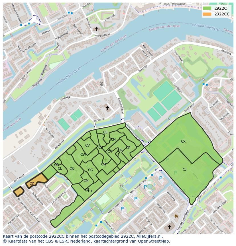 Afbeelding van het postcodegebied 2922 CC op de kaart.