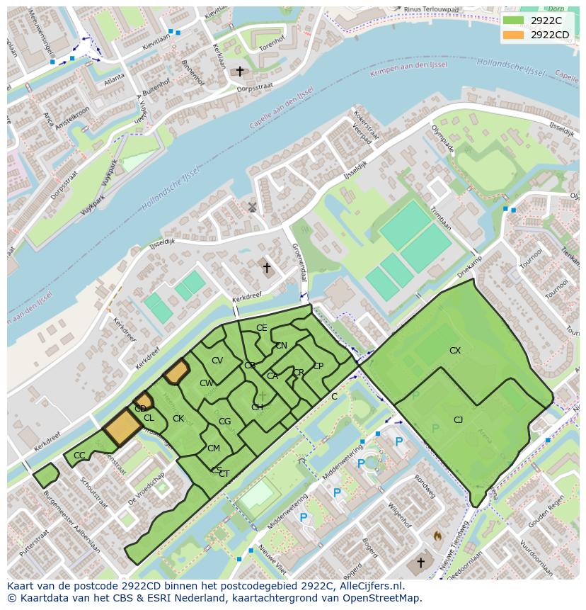 Afbeelding van het postcodegebied 2922 CD op de kaart.