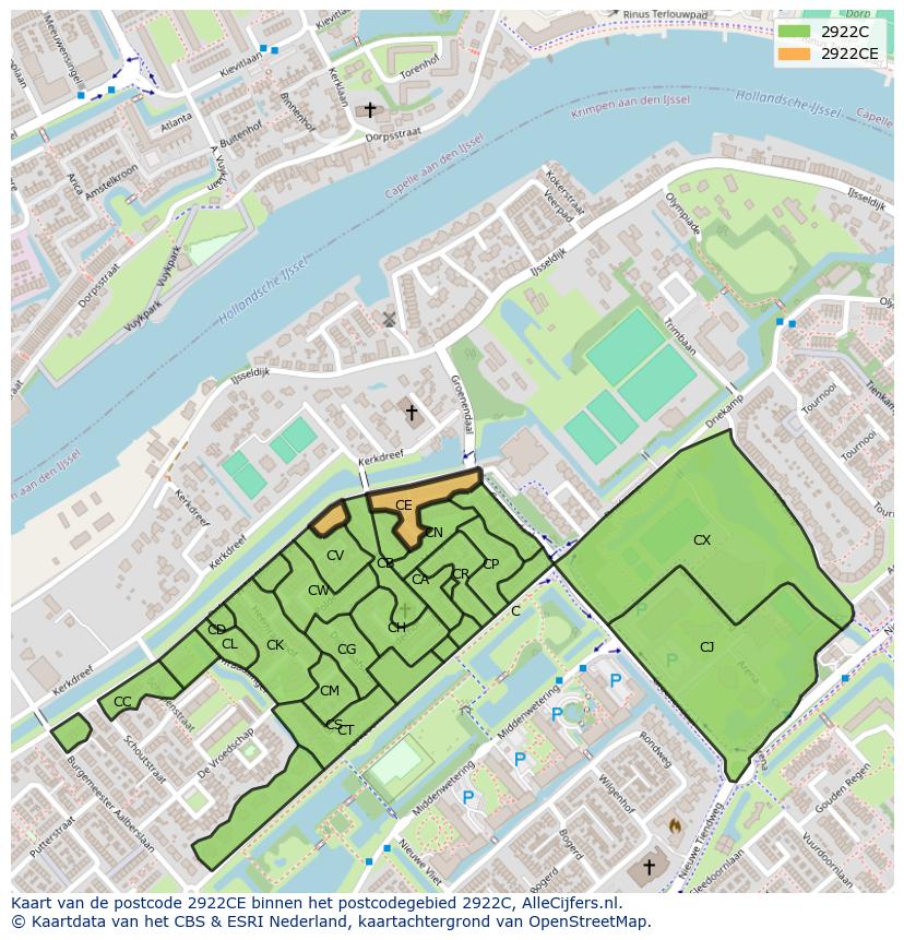 Afbeelding van het postcodegebied 2922 CE op de kaart.