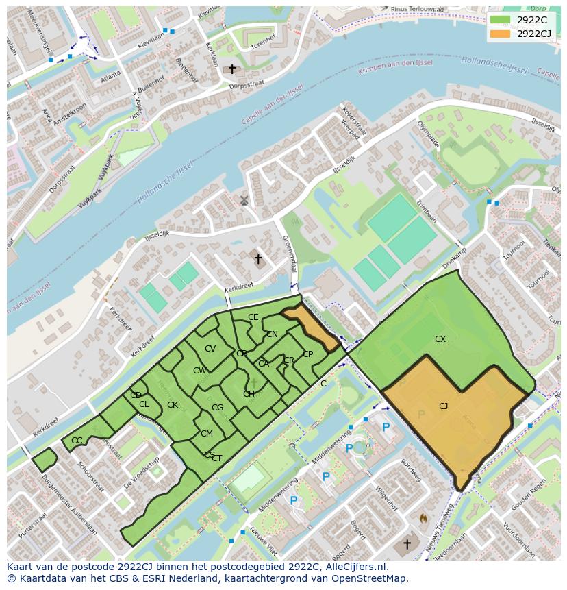 Afbeelding van het postcodegebied 2922 CJ op de kaart.
