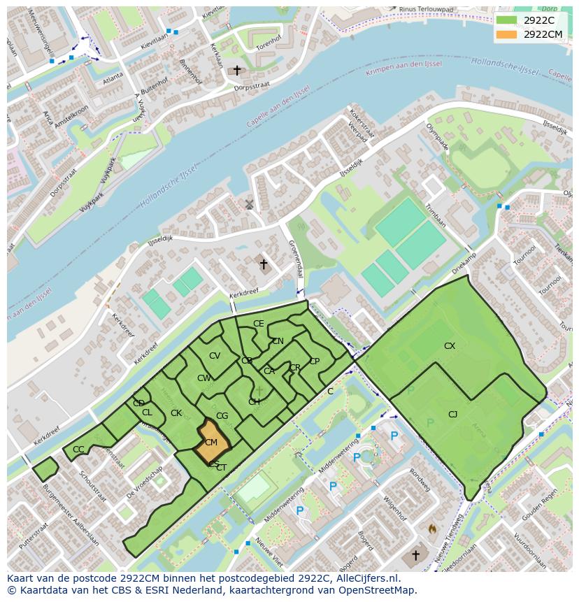 Afbeelding van het postcodegebied 2922 CM op de kaart.