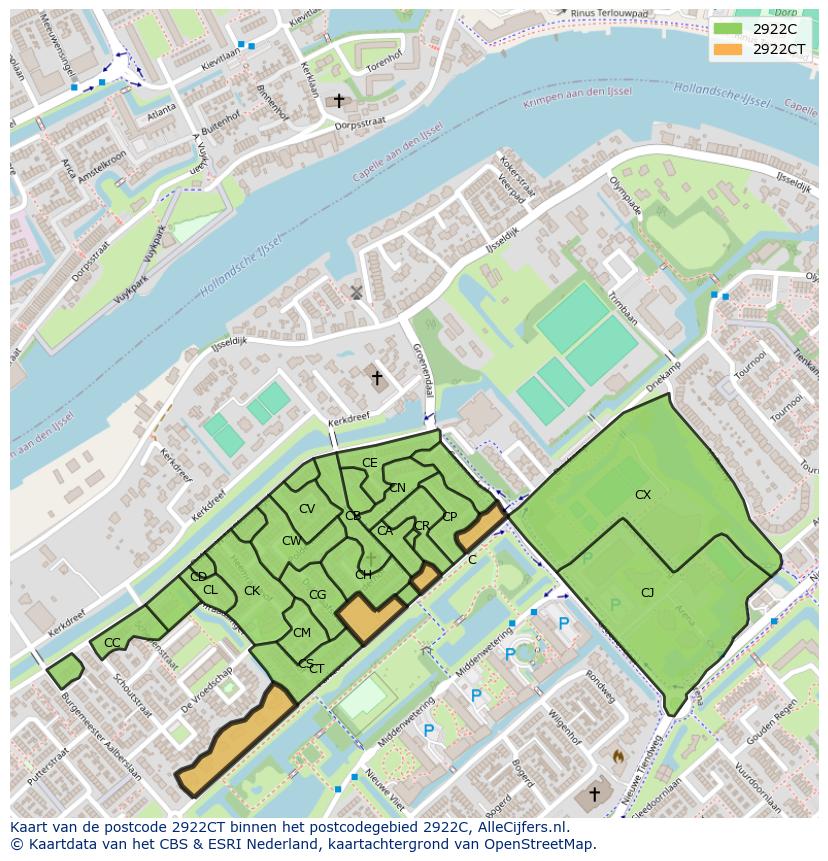 Afbeelding van het postcodegebied 2922 CT op de kaart.