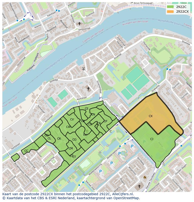 Afbeelding van het postcodegebied 2922 CX op de kaart.