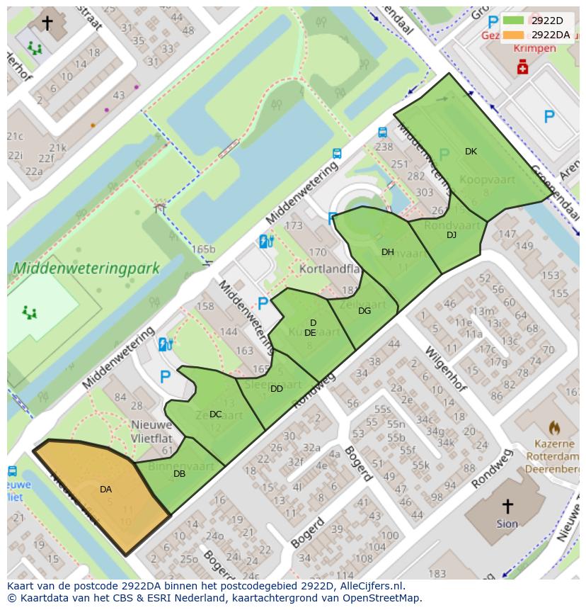 Afbeelding van het postcodegebied 2922 DA op de kaart.